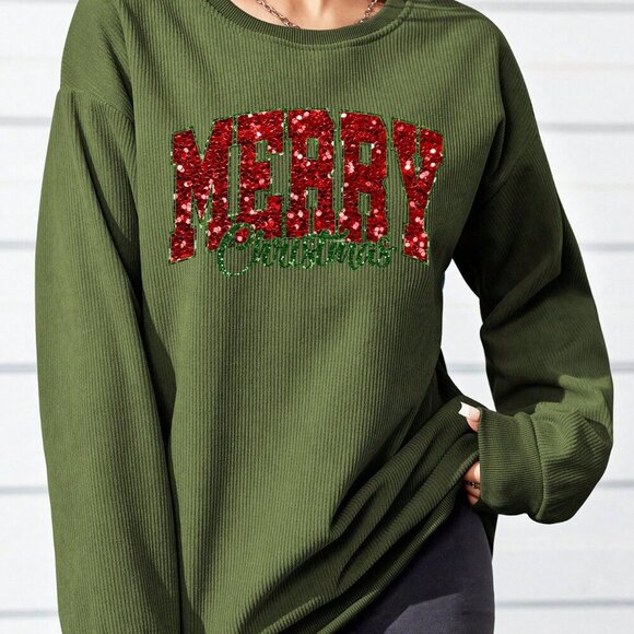 Army Green Casual Women's Christmas Slogan Graphic Sweatshirt - Picture 1 of 3